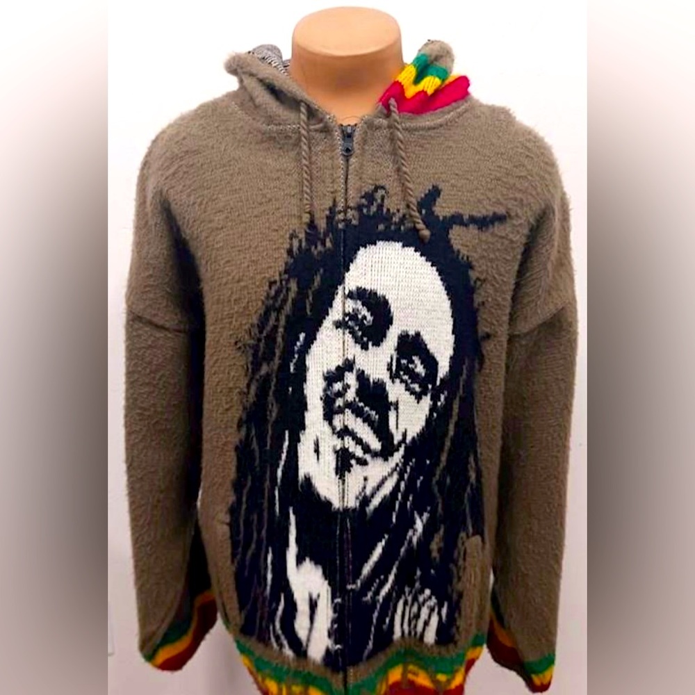 Alpaca Wool Bob Marley full zip hoodie. One Love. Rastafarian colors.